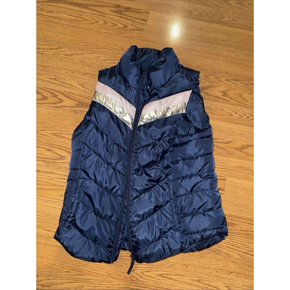 Retro Look Puffer Vest Navy Blue Silver & White Chevron Stripes Women's Large So
